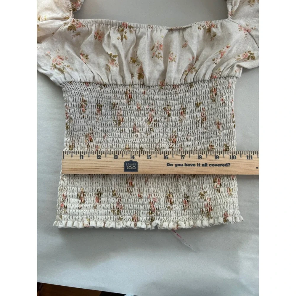 Reformation Linen Floral Smocked Puff Sleeve Top Cream Sweetheart Neck Size‎ S